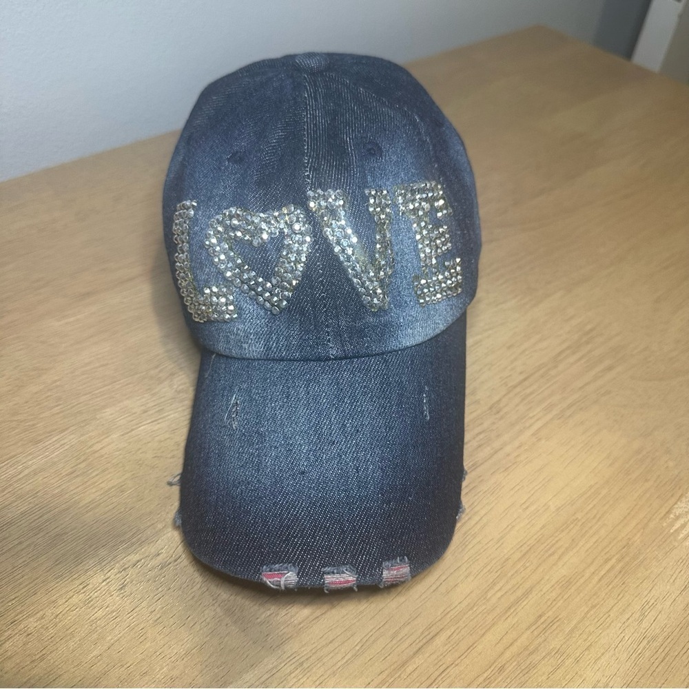 Y2K Rhinestone Love Denim Hat. OS.